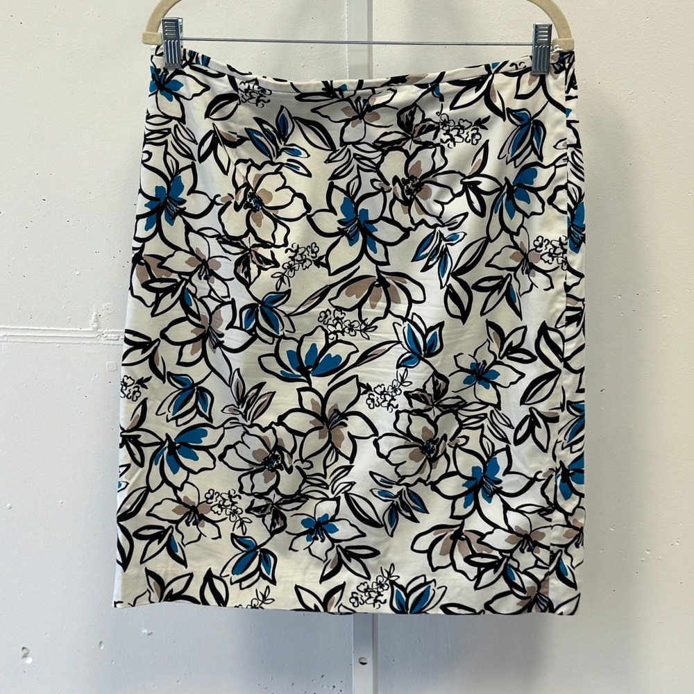 Calvin Klein Floral Cotton Blend Pencil Skirt White Blue Black Size 12 Career